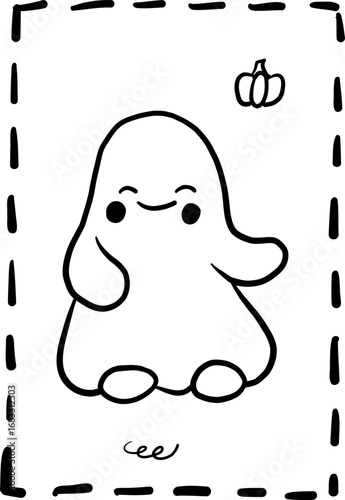 Festive cards with doodle ghosts vector icons set for Halloween. Cute childish characters with pumpkin, bat, spider, web, wings, Smiling kids elements for print and nursery decor