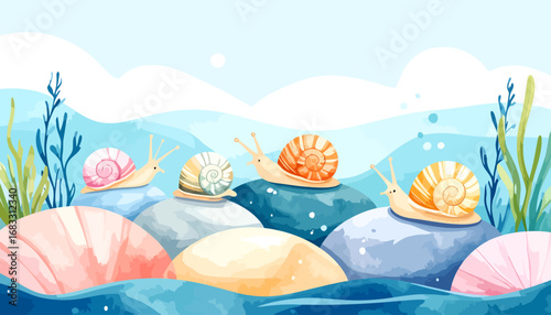 Group of Colorful Snails on Rocks near Water.