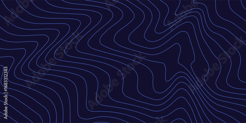 Topographic map texture. Blue radar. Abstract linear background. Vector print of waves. Blue lines on black background.