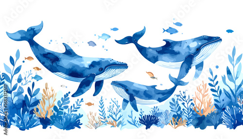 Watercolor Whales Swimming in the Ocean with Seaweed and Fish.