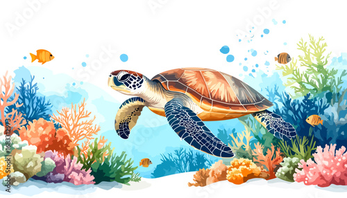 Sea Turtle Swimming Through a Colorful Coral Reef Underwater.