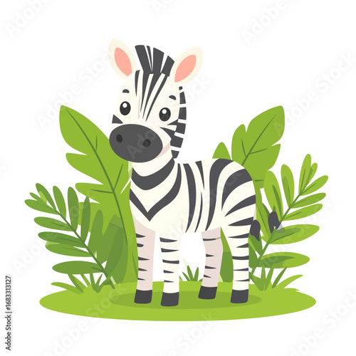 Adorable Cartoon Zebra in a Lush Green Environment Illustration.