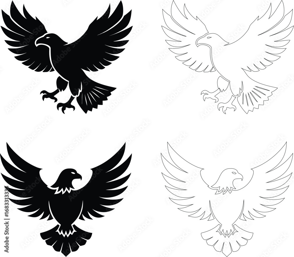 Fototapeta premium Silhouette of an eagle flying with wings spread wide, flat bold black vector