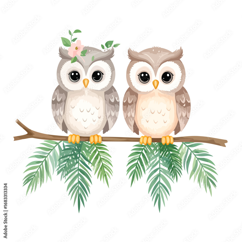 Obraz premium Two cute cartoon owls sitting on a branch with green leaves.