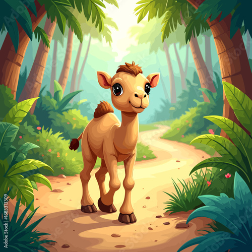 Adorable Young Camel Walking Forward.