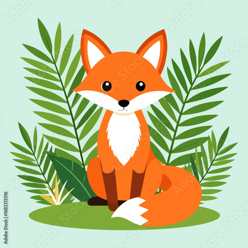 Cute cartoon fox sitting in nature with green leaves.