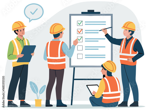 “Construction Workers Safety Training Illustration – Workplace Safety, Engineering Team Meeting, Occupational Health Checklist in Flat Vector Style”