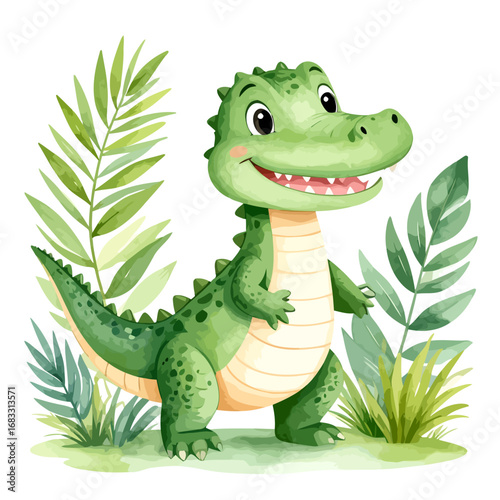 Smiling cartoon alligator with green skin and spiky back in the jungle.