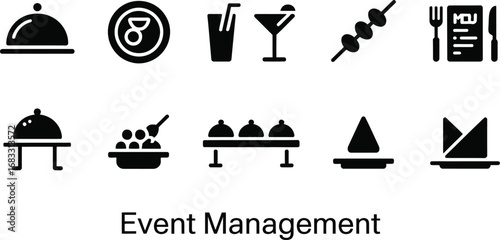 Collection of event management icons representing catering and hospitality services