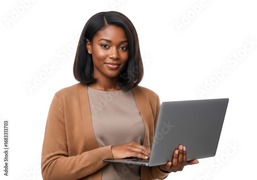 Young black woman smiling confidently while using a laptop computer for work or study transparent background