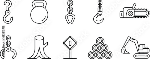 Collection of industrial logging and construction equipment icons in a clean outline style