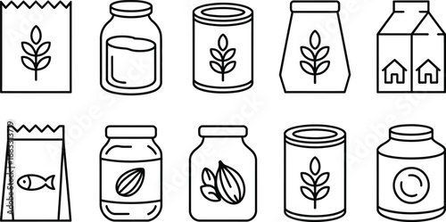 Collection of hand drawn grocery packaging icons for food and drink products
