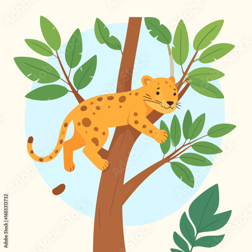 Young Leopard Climbing a Tree in the Jungle.