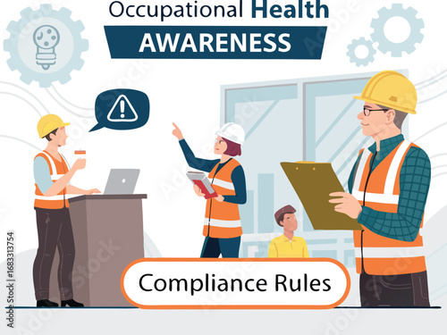 “Construction Workers Safety Training Illustration – Workplace Safety, Engineering Team Meeting, Occupational Health Checklist in Flat Vector Style”