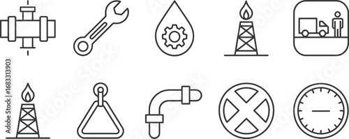Collection of oil and gas industry icons and symbols in a simple line art style