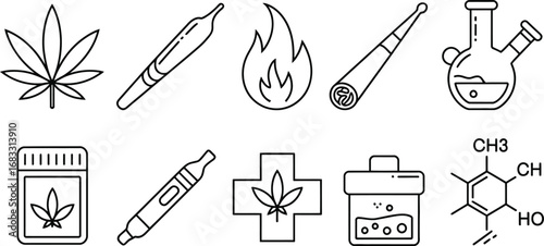 Collection of hand drawn cannabis related icons and symbols for medical and recreational use