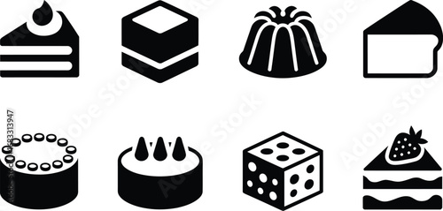 Collection of eight stylized black and white dessert icons including cakes and pastries