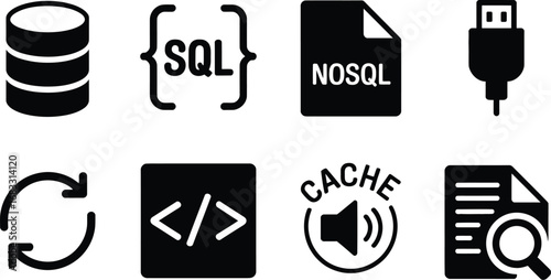 Collection of modern flat icons representing database and technology concepts
