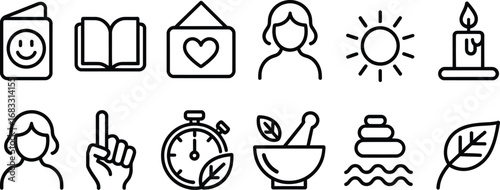 Collection of hand drawn icons representing wellness self care and relaxation activities