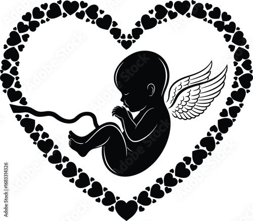 Fetus, angel, wings, heart, silhouette, unborn, baby, love, memorial, tribute, spiritual, symbolic, vector, illustration, graphic, black, white, curled, umbilical cord,