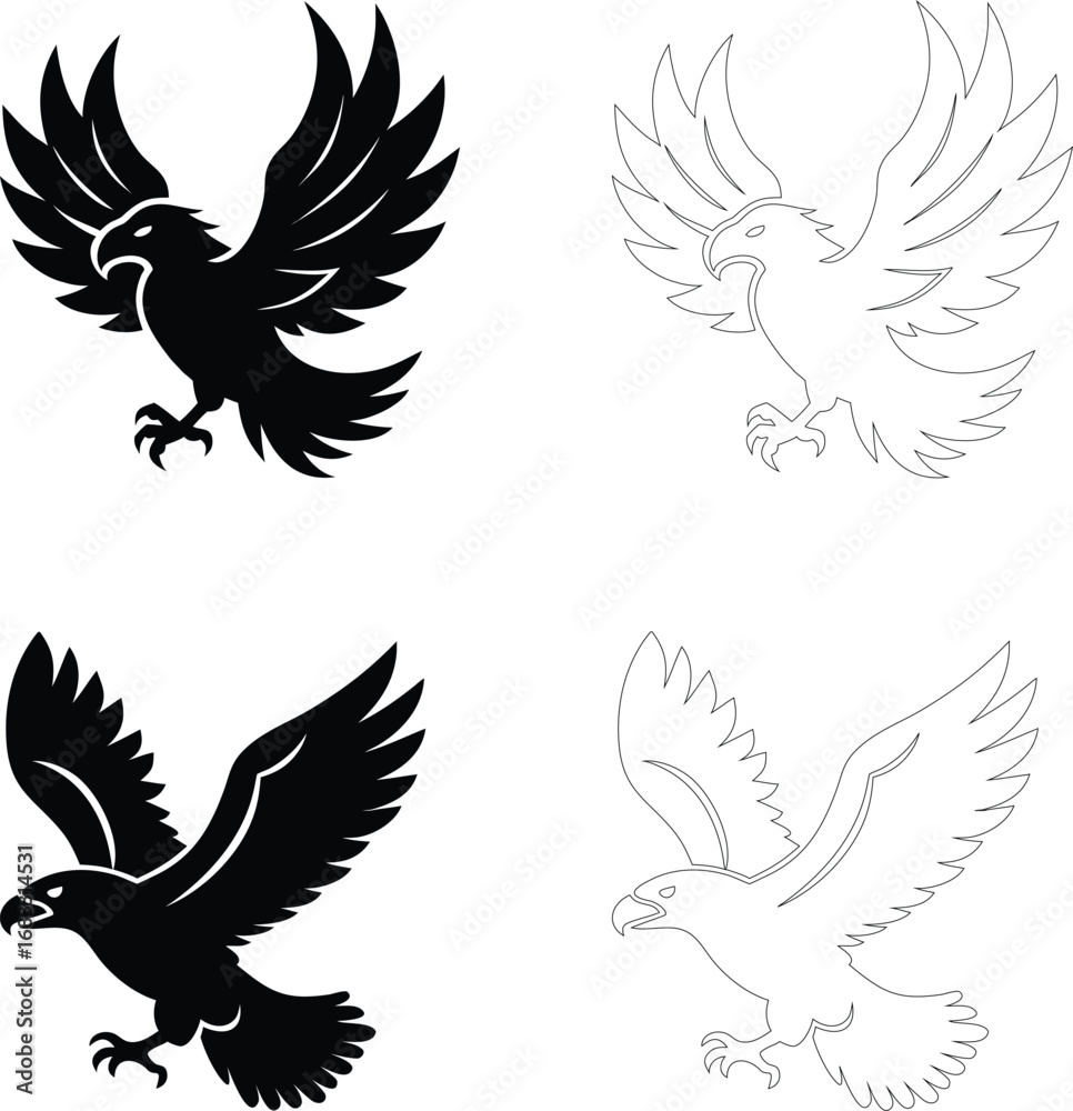 Obraz premium Silhouette of an eagle soaring in side view, flat bold black vector