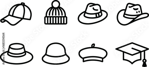 Collection of diverse hand drawn hat icons in a simple outline style