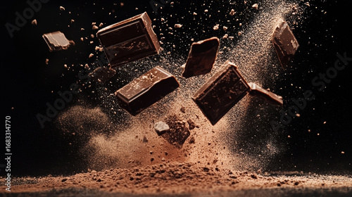 Broken chocolate bar pieces and cocoa powder explosion on black background with dramatic high contrast effect, creating dynamic and rich texture in mid air