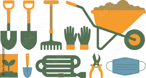 Collection of gardening tools and supplies for planting and yard work