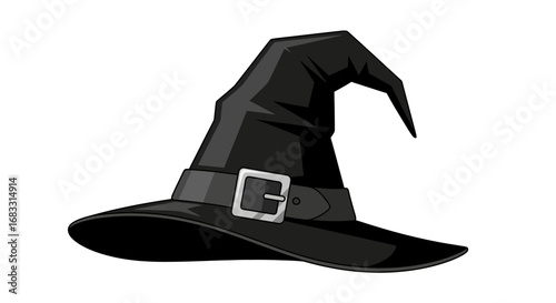 A classic black witch's hat with a wide brim and buckle.