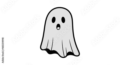 Cartoon illustration of a simple, gray ghost with a surprised expression on a white background.