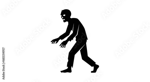 Silhouette of a walking zombie, with tattered clothing and an eerie expression.