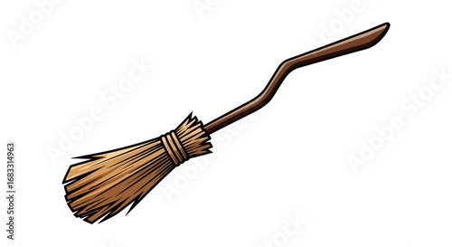 An isolated graphic of a classic flying broomstick, featuring a dark wooden handle and textured straw brush, ready for magical transport.