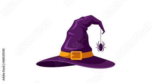A purple witch's hat with a gold buckle and a spider hanging from its tip.