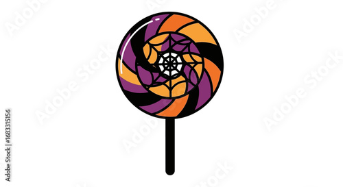 Halloween themed lollipop with swirling colors and a spiderweb design.