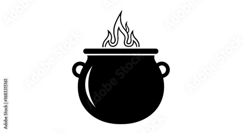 A black cauldron bubbling over a fire, simple graphic design.