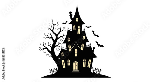 A spooky black silhouette of a haunted house with glowing windows, a bare tree, and flying bats for Halloween.