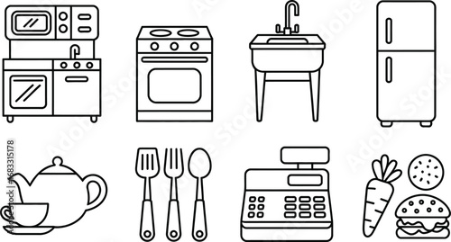 Collection of hand drawn kitchen appliances and food items in outline style