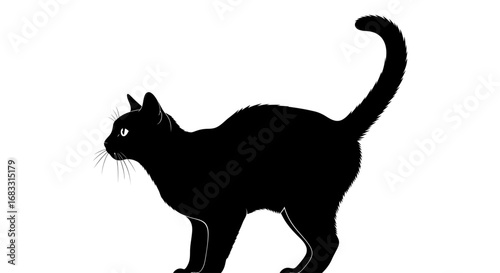 A side profile silhouette of a black cat standing with an arched back and curved tail on a white background.