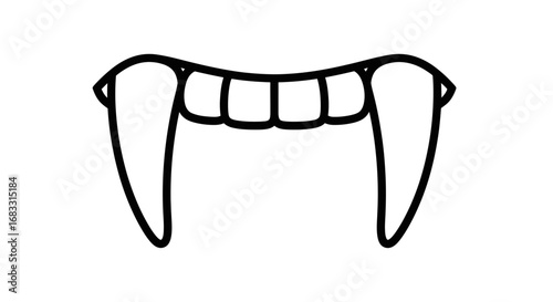 A simple black line drawing of vampire teeth, featuring long, sharp fangs isolated on a white background.