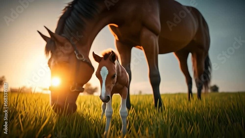 A beautiful image of a brown horse and its foal grazing in a green field during sunset.