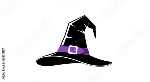 A classic black witch's hat with a purple band and silver buckle, isolated on a white background, evoking Halloween and magic.