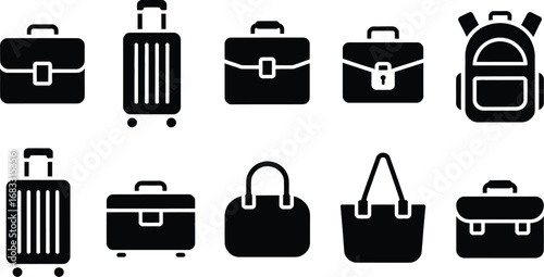 Collection of various travel bags and luggage icons in black silhouette style