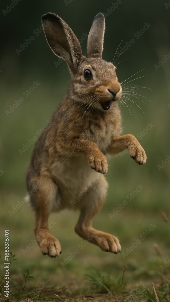 Obraz premium Joyful rabbit leaping energetically outdoors.