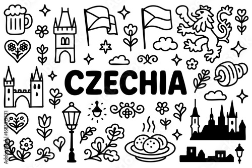Czechia doodle compilation: Prague Castle, Charles Bridge, flag, beer, trdelnik, flowers, and folk ornaments.