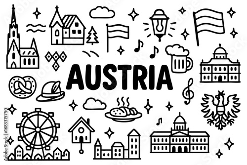 Austria doodle illustration: Vienna skyline, St. Stephen’s Cathedral, pretzel, schnitzel, coffee, Ferris wheel, and traditional hat.