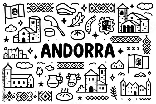 Andorra doodle illustration: Pyrenean houses, churches, traditional food, flag, mountains, and cultural ornaments.