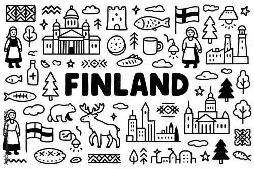 MobileFinland doodle compilation: Helsinki Cathedral, reindeer, moose, bear, fish, trees, Finnish flag, traditional dress, sauna, lighthouse, snowy landscapes, and city skyline.