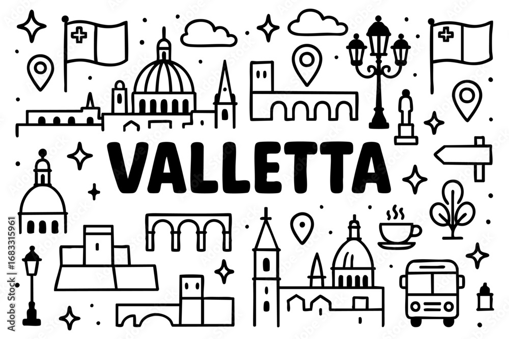 Fototapeta premium Valletta doodle compilation: Domes, churches, forts, bridges, monuments, buses, coffee, Maltese flag, and seafront skyline.