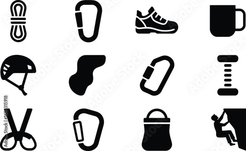 Collection of black climbing equipment icons on a white background