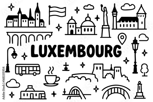 Luxembourg doodle compilation: Bock Casemates, bridges, churches, domes, monuments, buses, fortress, and Luxembourg flag.